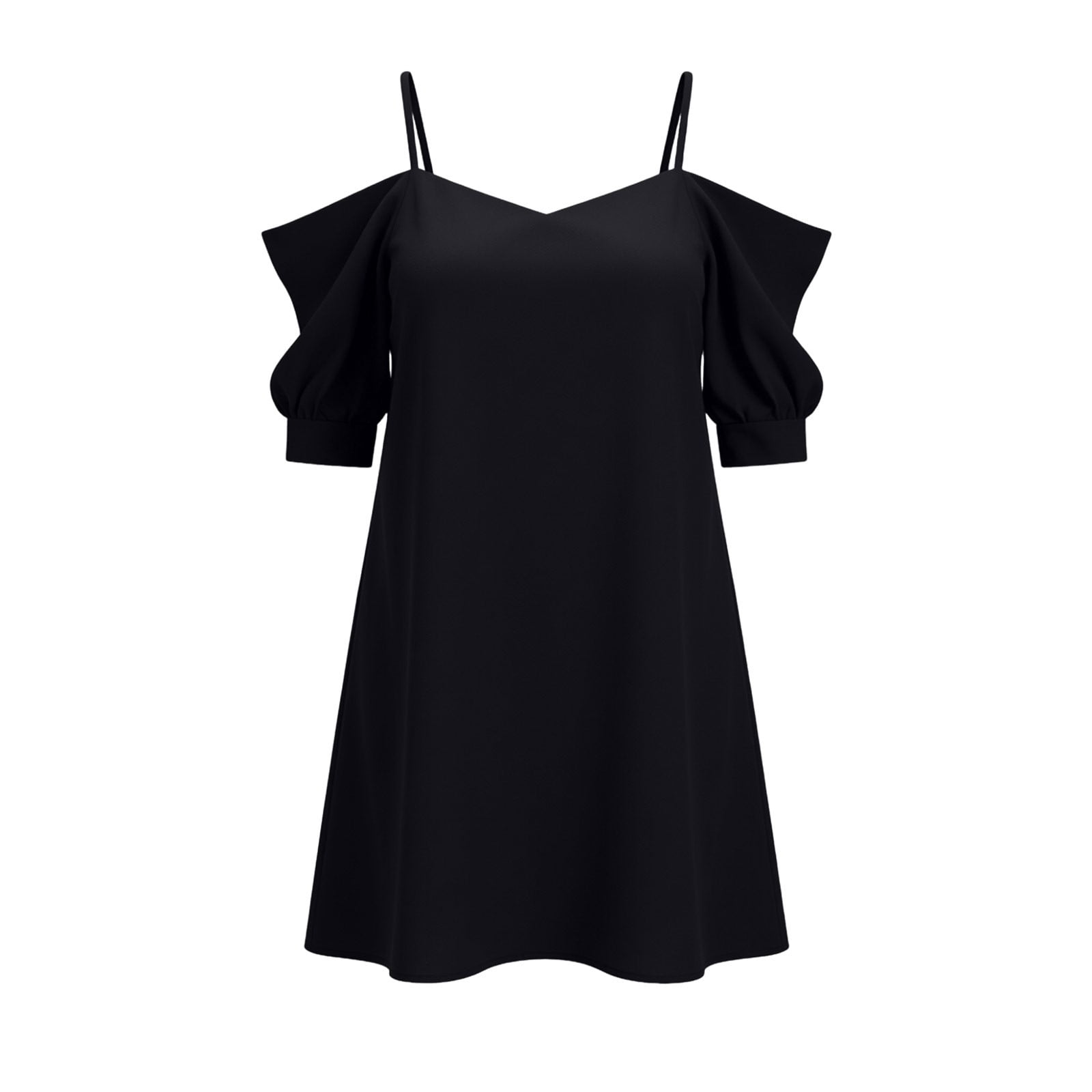 Womens off-Shoulder Spaghetti Strap Mini Dress Solid Color Casual Drop Shoulder Short Dress Black