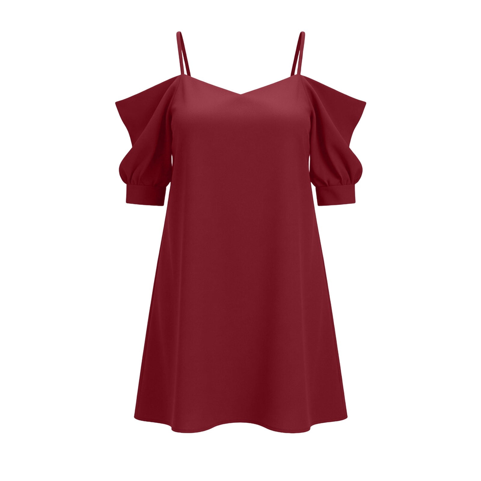 Womens off-Shoulder Spaghetti Strap Mini Dress Solid Color Casual Drop Shoulder Short Dress Red