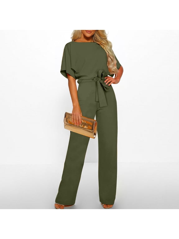 Womens pants Women'S Fall/Winter Solid Color Short Sleeved Crew Round Neck Jumpsuit With Belt Jumpsuit Wide Leg Jumpsuits for Women Lounge Pants Ladies Pants