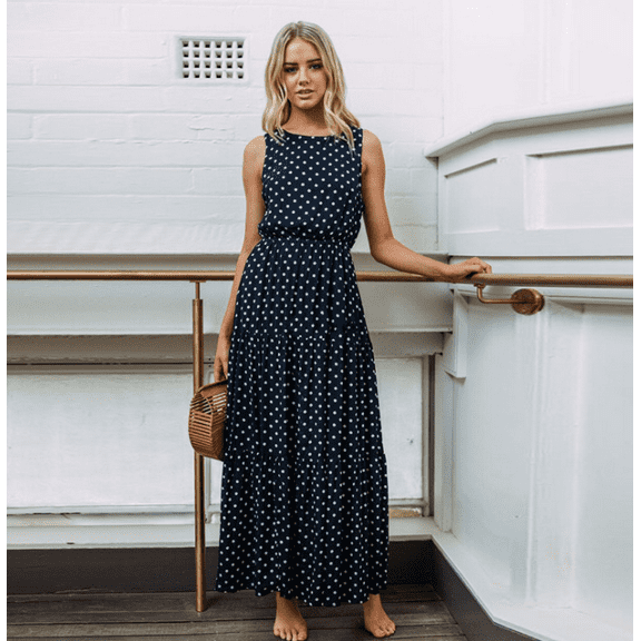 Womens plus Size Polka Dot Sleeveless Round Neck Dress Button Down Summer Beach longe Dress