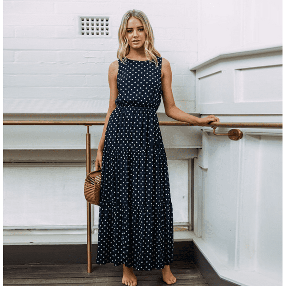 Womens plus Size Polka Dot Sleeveless Round Neck Dress Button Down Summer Beach longe Dress