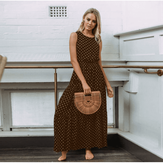 Womens plus Size Polka Dot Sleeveless Round Neck Dress Button Down Summer Beach longe Dress