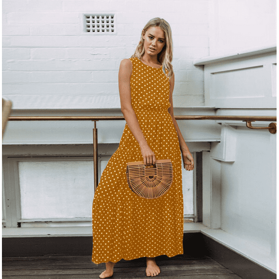 Womens plus Size Polka Dot Sleeveless Round Neck Dress Button Down Summer Beach longe Dress