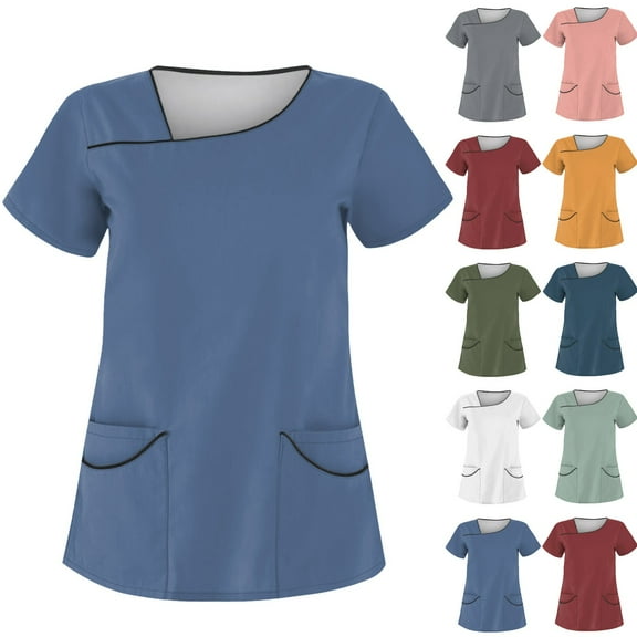 Womens' pure-colored short-sleeved workwear with double-layer pockets, suitable for nursing staff and nurses Blue L