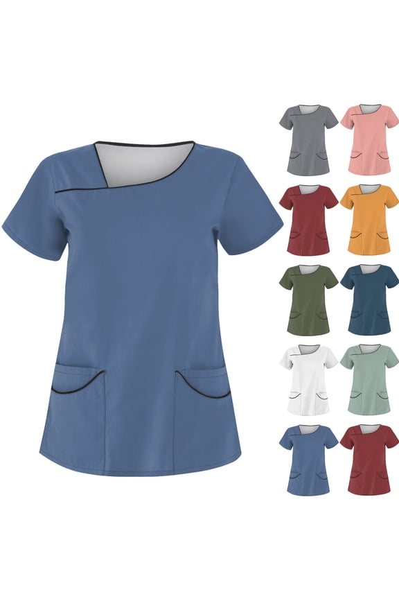 Womens' pure-colored short-sleeved workwear with double-layer pockets, suitable for nursing staff and nurses Dark Blue S