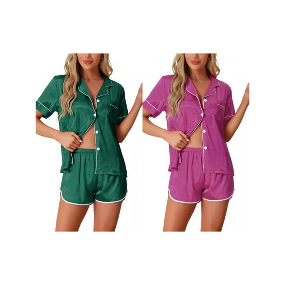 NOMADIC NOOK Womens's 2-Pack Satin Pajamas Silky Pjs Short Sleeve Button Up Shorts Lounge Sets Large Green/Purple Red