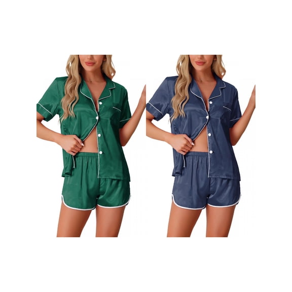 NOMADIC NOOK Womens's 2-Pack Satin Pajamas Silky Pjs Short Sleeve Button Up Shorts Lounge Sets X-Large Navy/Green