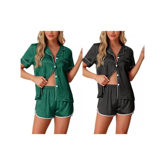 NOMADIC NOOK Womens's 2-Pack Satin Pajamas Silky Pjs Short Sleeve Button Up Shorts Lounge Sets XX-Large Black/Green