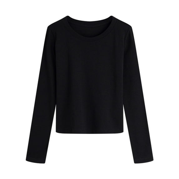 Womens's Cotton Long Sleeve Tops Solid Color Basic Tee Shirt Round Neck Pullover Fall Spring Casual Tshirts (2XL, Black)