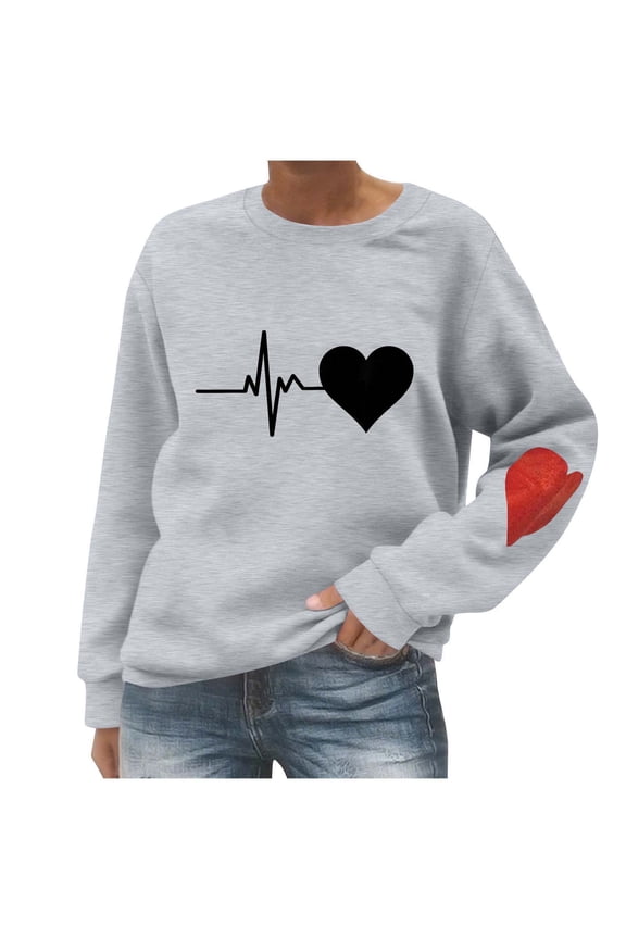 Womens's Cute Fall Sweatshirts ECG Heart Graphic Pullover Tops Comfy Lined Fleece Hoodies Sweatshirt Fashion Drop Shoulder Long Sleeve Sweaters Classic Heart Elbow Patch Sweatshirts