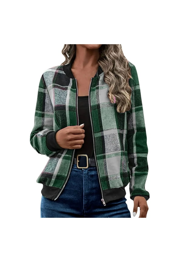 Womens's Plaid Bomber Jackets Full Zip Fall Spring Casual Lightweight Coat Outerwear Long Sleeve No Hood (2XL, Green)
