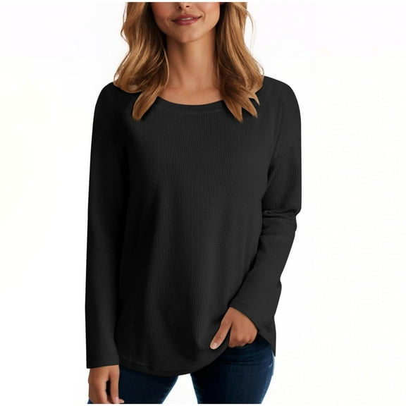 Womens's Waffle Knit Long Sleeve Tops Lightweight Base Sweaters Crew Neck Solid Color Casual T-shirts (L, Black)