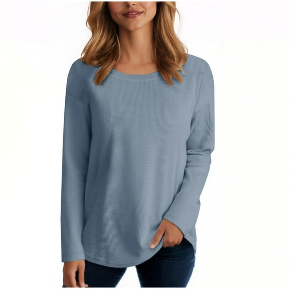 Womens's Waffle Knit Long Sleeve Tops Lightweight Base Sweaters Crew Neck Solid Color Casual T-shirts (L, Blue)