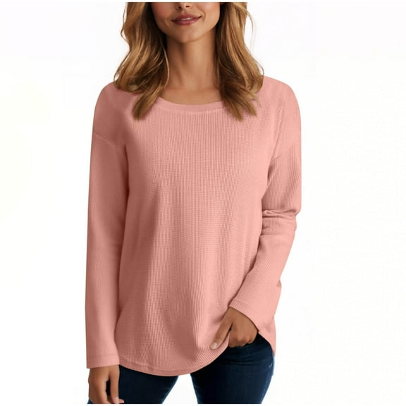 Womens's Waffle Knit Long Sleeve Tops Lightweight Base Sweaters Crew Neck Solid Color Casual T-shirts (XL, Pink)
