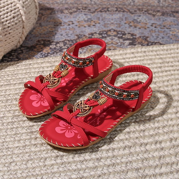 Womens sandals open toe bohemian flat design featuring reliable arch support non-slip durable sole comfortable fit women's sandals perfect for summer beach trips tours holiday,Red 37