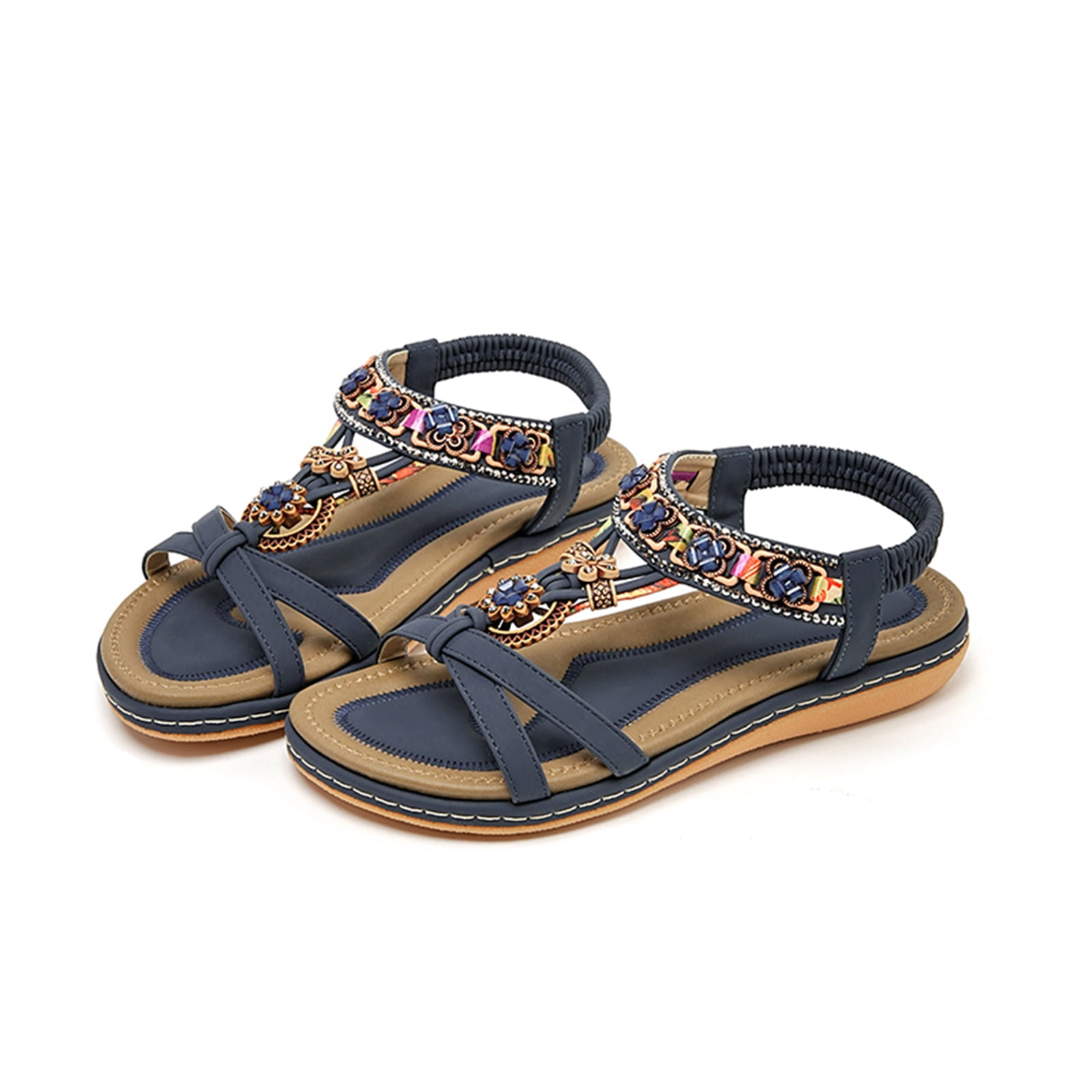 Womens sandals open toe bohemian flat sandals with professional arch support non-slip sole gentle comfortable fit women's sandals ideal for summer vacation travel casual everyday use,Blue 37