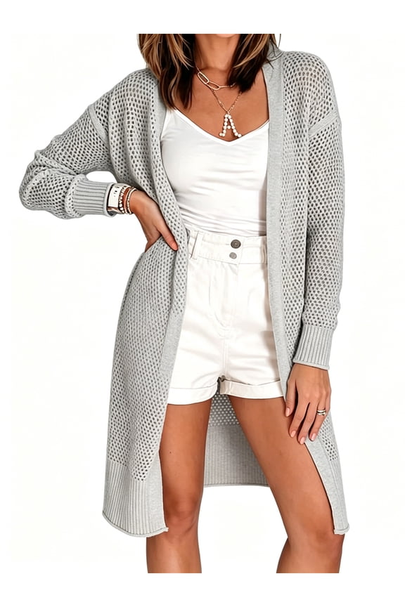 Womens Solid Color Long Sleeve Open Front Knit Sheer Cardigans Lightweight Kimono Long Sweater