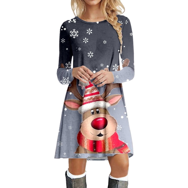 christmas beach dress Womens summer Dresses 2026 Fashion Casual Long Sleeved Round Neck Reindeer Snowflake Print Vacation thoughtfully designed for fashion