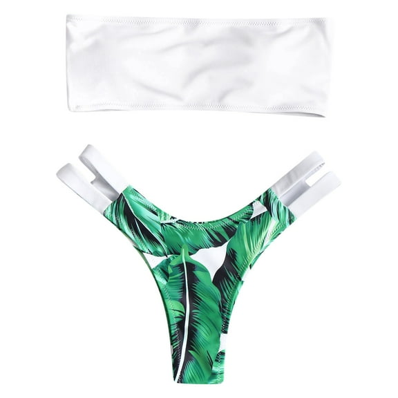 Womens swimsuits ,Women Floral Print Bikini Set Push-Up Swimsuit Beachwear Padded Swimwear White L(L)
