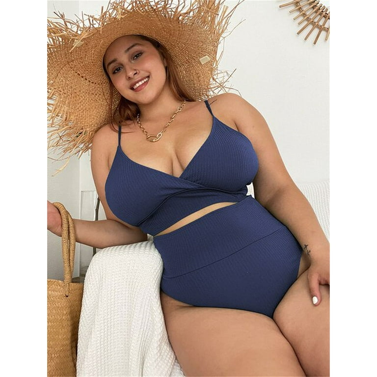 Womens swimwear high waist bikini set solid color plus size Big Breast  swimsuit strappy sexy bather Swimming Wear Bathing Suit