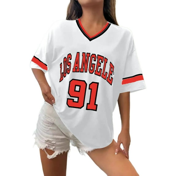 Womens t-shirts V neck loose fit casual tee tops sports inspired print soft breathable daily wear street style comfortable ladies outfits