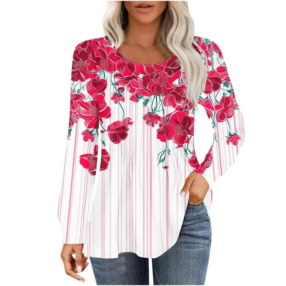 Womens tops Fall Casual Loose fitting Pleated Round Neck trendy floral Print Long Sleeve Round Neck flowy T-shirt tunic Tops,Hot Pink,XL