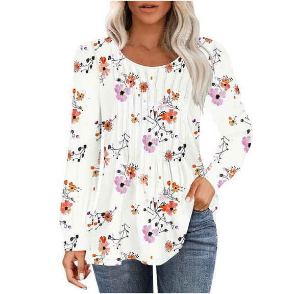 Womens tops Fall Casual Loose fitting Pleated Round Neck trendy floral Print Long Sleeve Round Neck flowy T-shirt tunic Tops,Pink 1,S