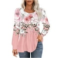 thumbnail image 1 of Womens tops Fall Casual Loose fitting Pleated Round Neck trendy floral Print Long Sleeve Round Neck flowy T-shirt tunic Tops,Pink 2,L, 1 of 4