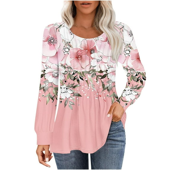 Womens tops Fall Casual Loose fitting Pleated Round Neck trendy floral Print Long Sleeve Round Neck flowy T-shirt tunic Tops,Pink 2,L