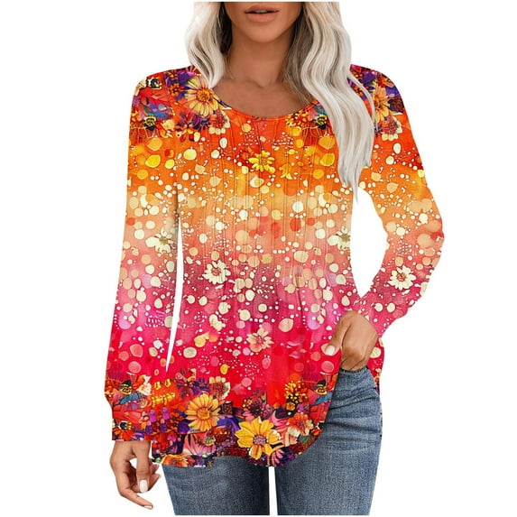 Womens tops Fall Casual Loose fitting Pleated Round Neck trendy floral Print Long Sleeve Round Neck flowy T-shirt tunic Tops,Red 1,S
