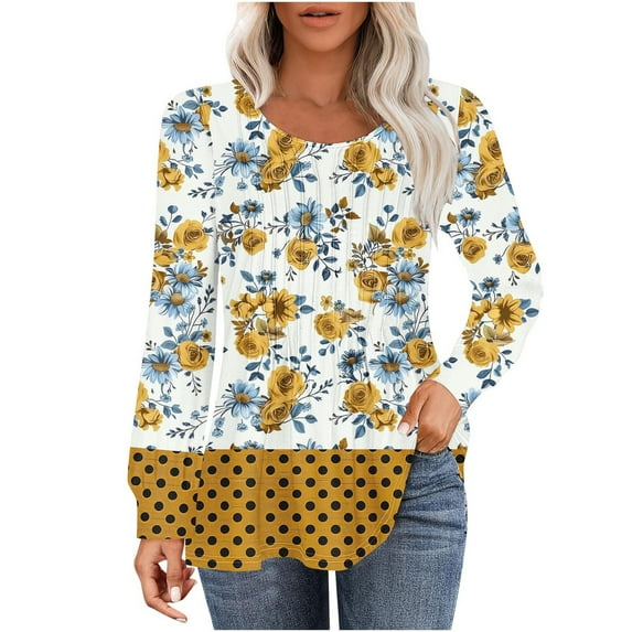 Womens tops Fall Casual Loose fitting Pleated Round Neck trendy floral Print Long Sleeve Round Neck flowy T-shirt tunic Tops,Yellow,XL