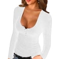 thumbnail image 1 of Womens tops Fashion Solid Color Sexy Low Cut Long Sleeved V-Neck Button Plus Size Womens Clothing,White,M, 1 of 1
