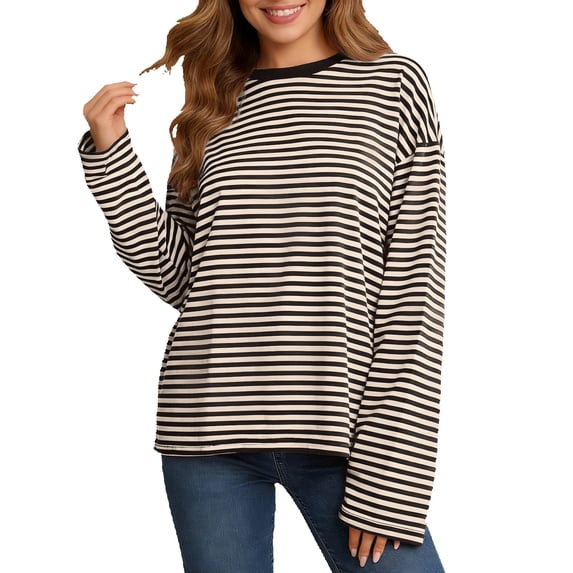 Womens tshirts long sleeve striped pattern crewneck tee shirts loose fit stylish casual dressy casual business blouse tops