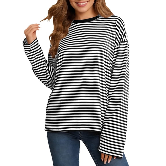 Womens tshirts long sleeve striped pattern crewneck tee shirts loose fit stylish casual dressy casual business blouse tops