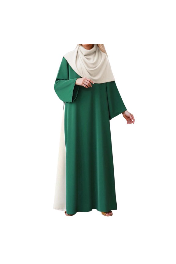 WomensMaxi Dress Color Block Side Drawstring Loose Fit Round Neck Long Sleeve Spring Green