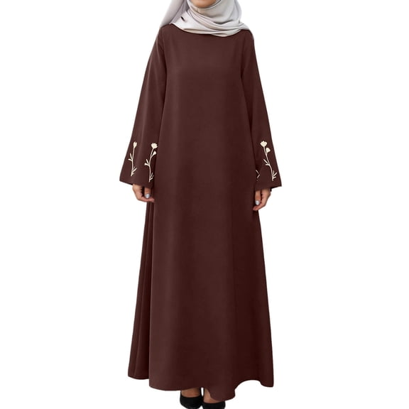 WomensMaxi Dress Embroidered Floral Print Loose Fit Round Neck Long Sleeve Boho Vacation Dress Spring RD2