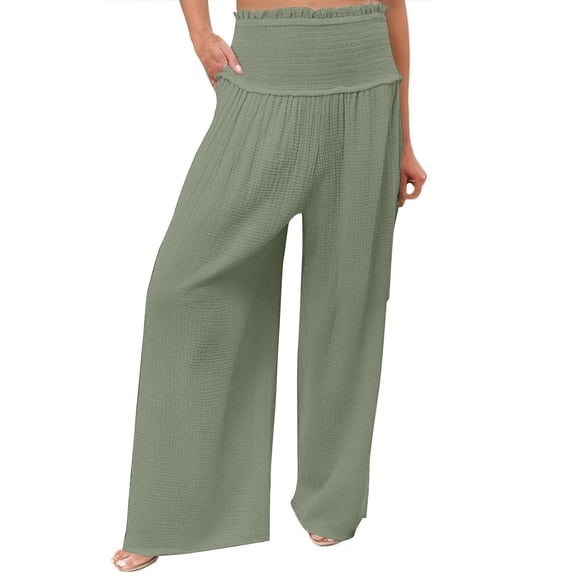 WomensPants Casual Wide Leg Palazzo Trousers With Pocket Shirred High Waist Long Pants Lightweight Breathable Green L