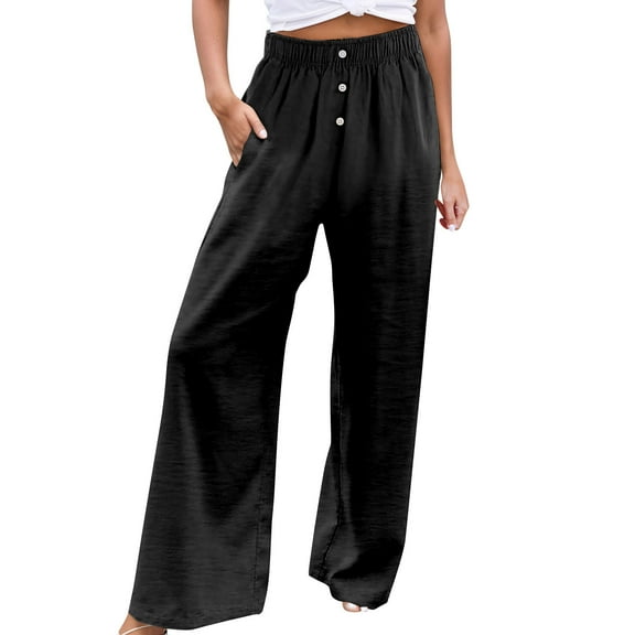 WomensPants High Waist Trousers With Button Elastic Waist Wide Leg Straight Fit Casual Breathable Pants Black M