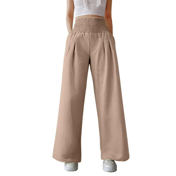 WomensPants Solid Color Elastic High Waist Wide Leg Relaxed Fit Long Casual Trousers With Pocket Breathable Beige M