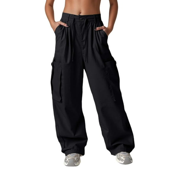 WomensPants Vintage Loose High Waist Wide Leg Elastic Cuff Quick Dry Cargo Trousers Breathable Lightweight Black L