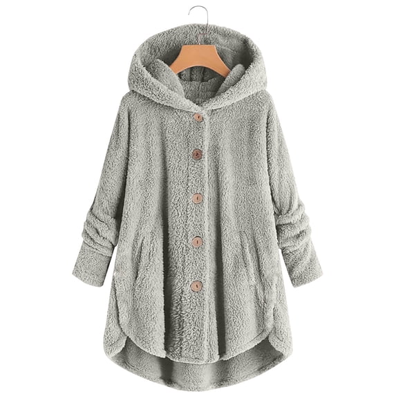 Womes Long Plush Tops Plus Size Trendy Solid Long Sleeve Button Hooded Jacket Winter Loose Warm Cardigan Wool Coat Gray S