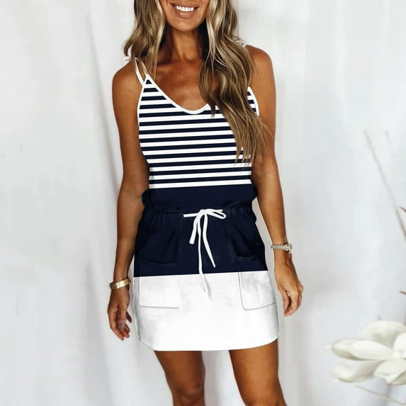 Womne Dresses Women's Fashion Summer Printed Loose Sleeveless Pocket V-Neck Dress