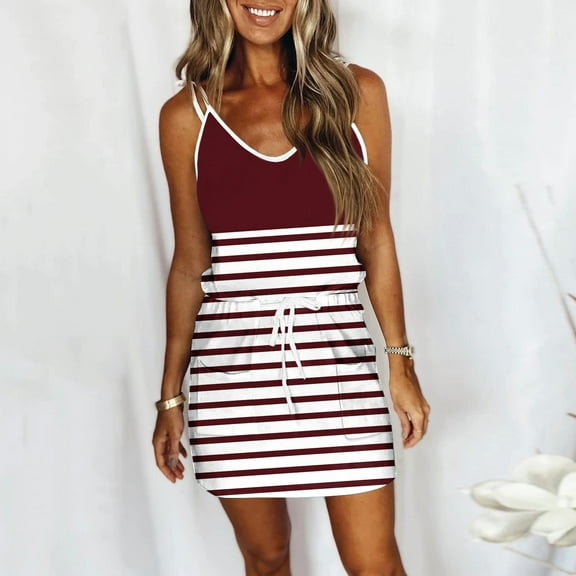 Womne Dresses Women's Fashion Summer Printed Loose Sleeveless Pocket V-Neck Dress