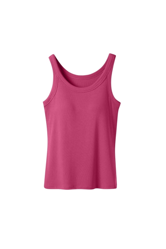 Womne Ribbed Tank Top with Sewn in Built in Bra Cup Sleevless Form Fitting Push Up Padded Bra Cami Shirt Basic Knit Tee Hot Pink XL