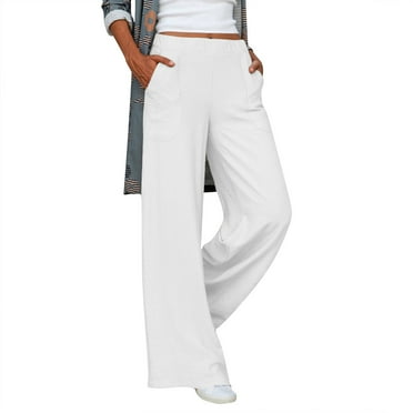 Womne's Pants Casual Solid Loose Cozy Comfy Straight Leg with Pockets Wide Leg Trousers Women White M