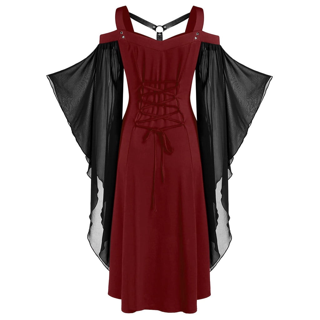 Butterfly Sleeve Maxi Dress For Womens Medieval Punk Gothic Clothes Sexy  Halloween Costume Cold Shoulder Corset Dresses