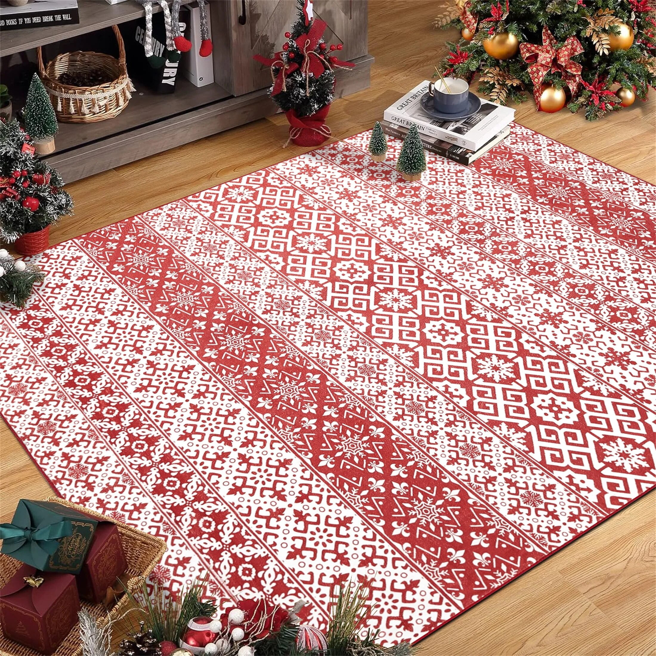 WondRg 3x5 ft Christmas Red and White Area Rugs,NonSlip Stain