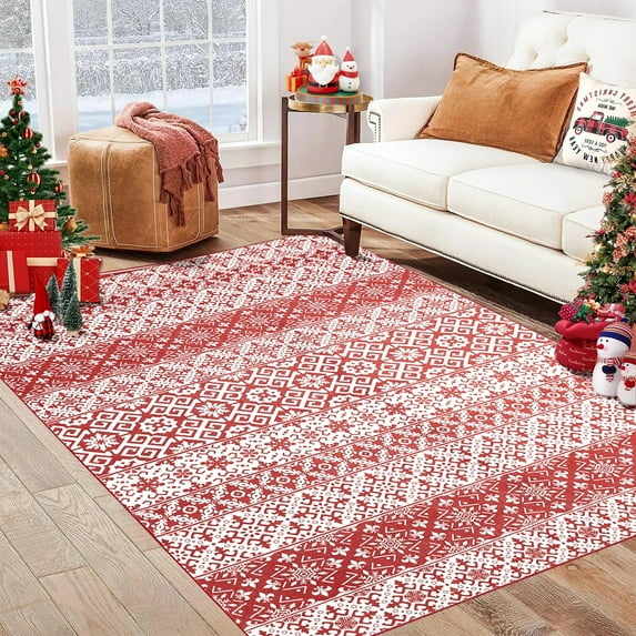 BERTHMEER Christmas Ultra Soft Area Rugs for Living Room,Bedroom,Dinning Room,Non-Slip Washable Rugs,Vintage Bohemian Christmas Rugs,5x7 ft Red and White Christmas Rug