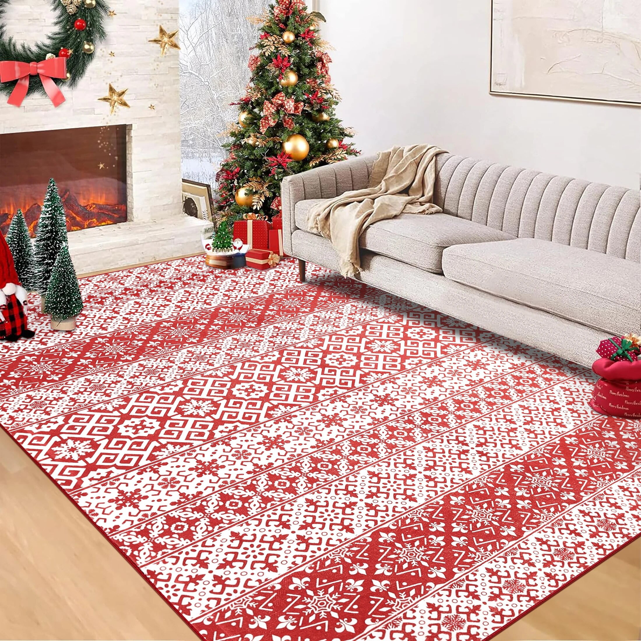 WondRg 8x10 ft Christmas Red and White Area Rugs for Living Room