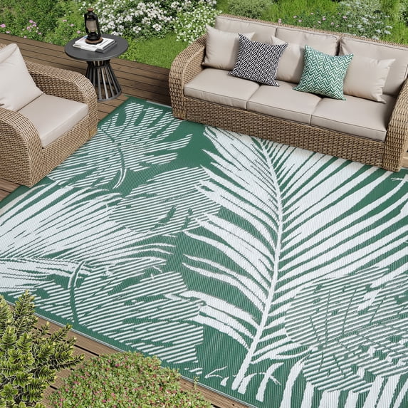 WondRg Outdoor Plastic Rugs on Sale Clearance 5'x8' Area Rugs Green Palm Leaf RV Rugs, Camping Rugs, Porch, Balcony, Deck, Pool Rugs